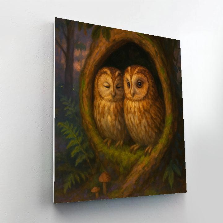 Twilight Owls In The Mossy Hollow paint by numbers