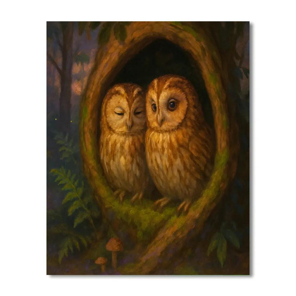 Twilight Owls In The Mossy Hollow paint by numbers
