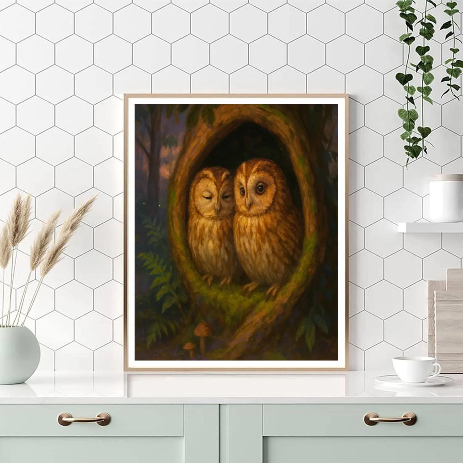 Twilight Owls In The Mossy Hollow paint by numbers