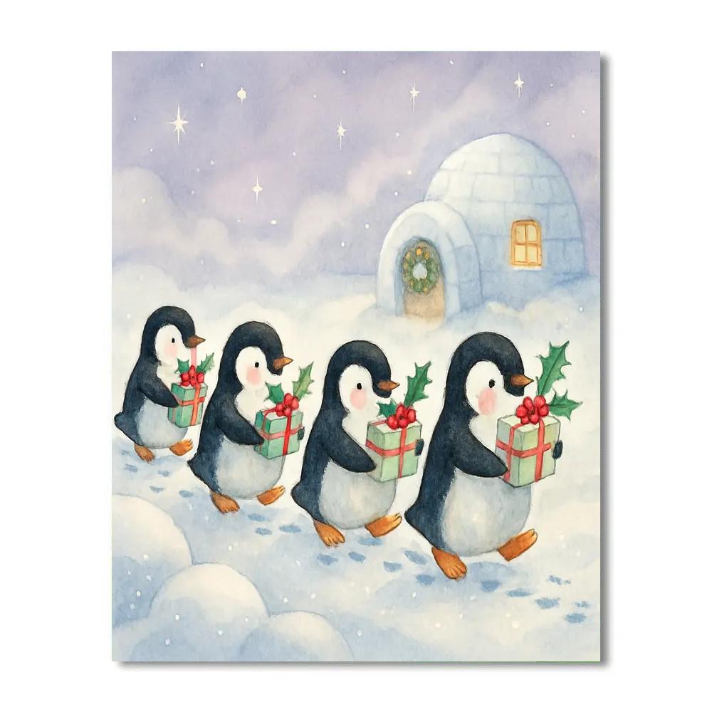 Penguins Delivering Tiny Presents painting number kit
