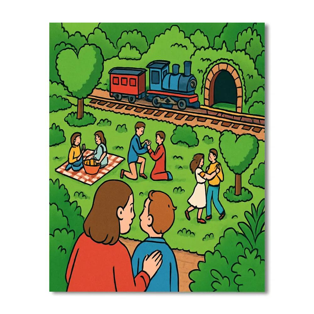 Valentines Day Garden Train Miniature Romance painting number kit
