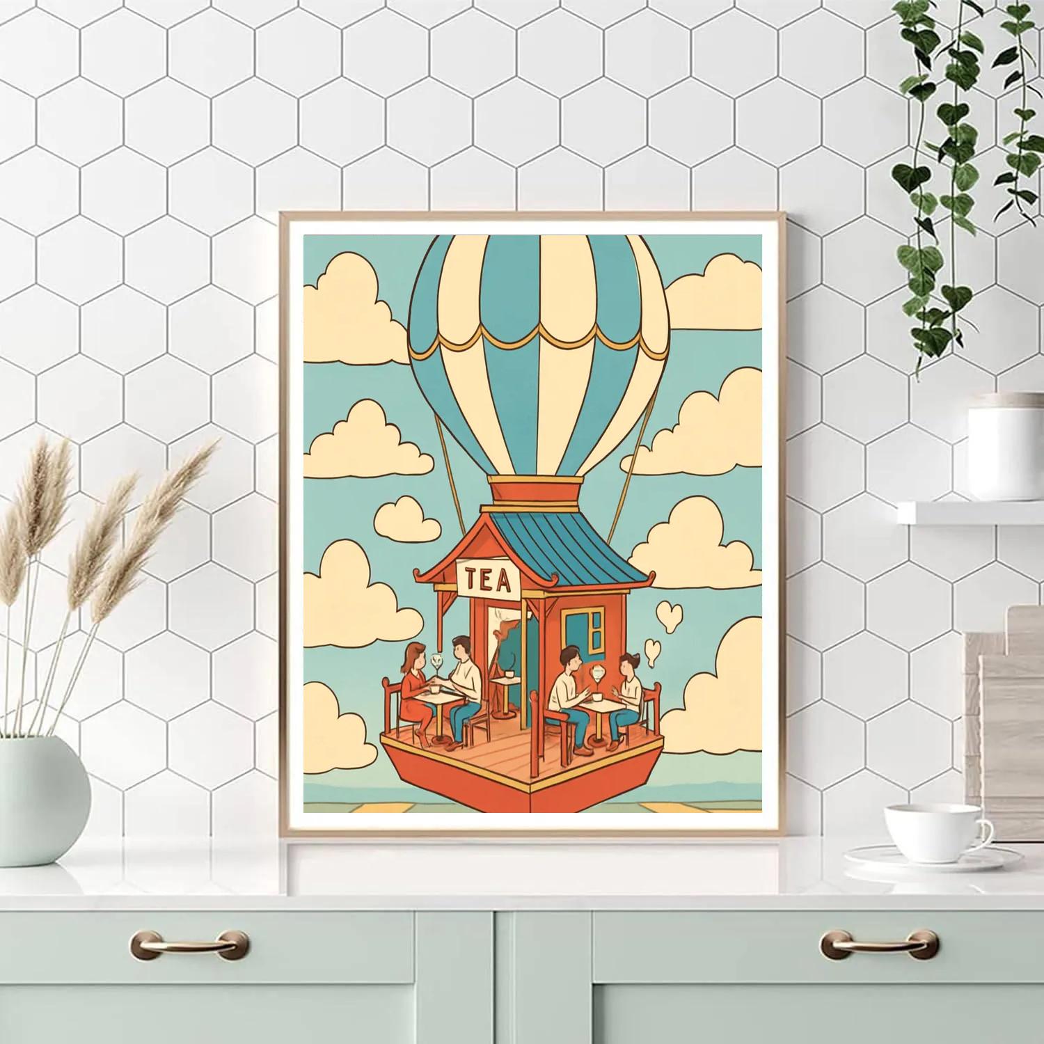 Valentines Day Hot Air Tea House In The Clouds paint by color