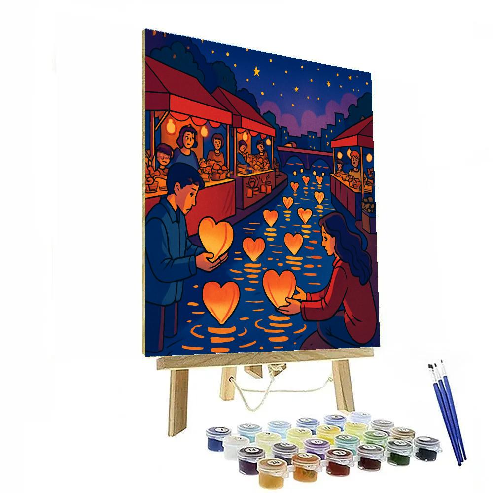 Valentines Day Night Market Lantern River Number painting