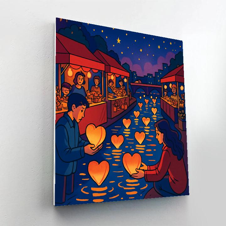 Valentines Day Night Market Lantern River Number painting