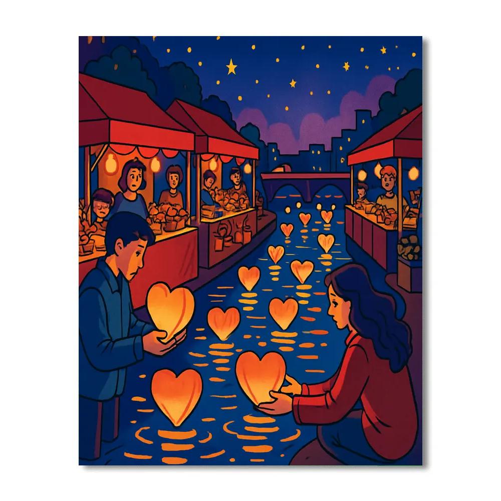 Valentines Day Night Market Lantern River Number painting