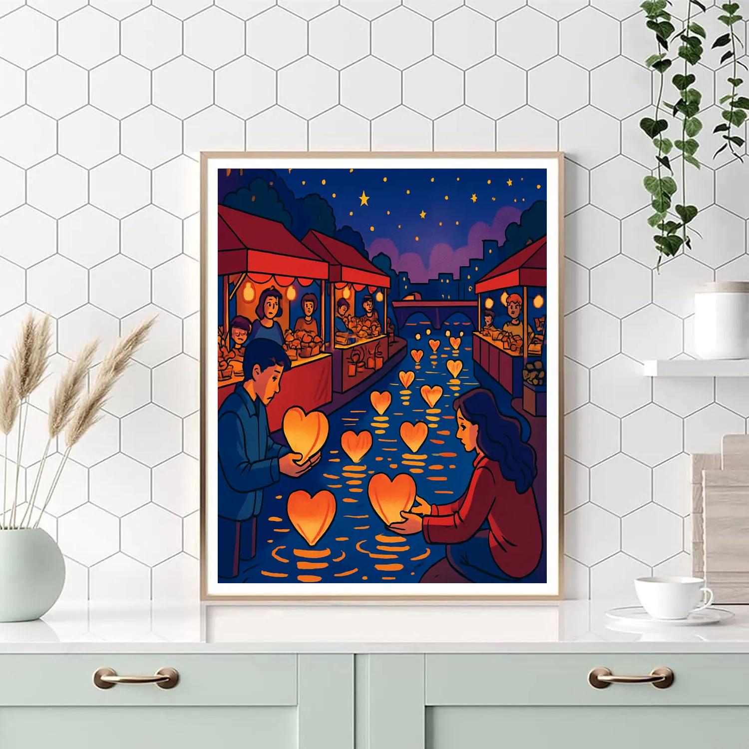 Valentines Day Night Market Lantern River Number painting