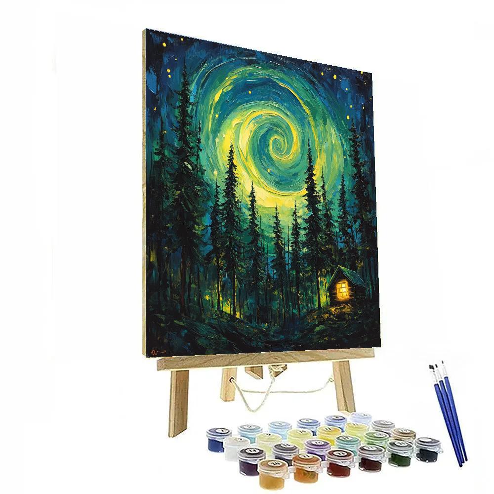 Van Gogh Inspired Aurora Over Pine Forest Number painting