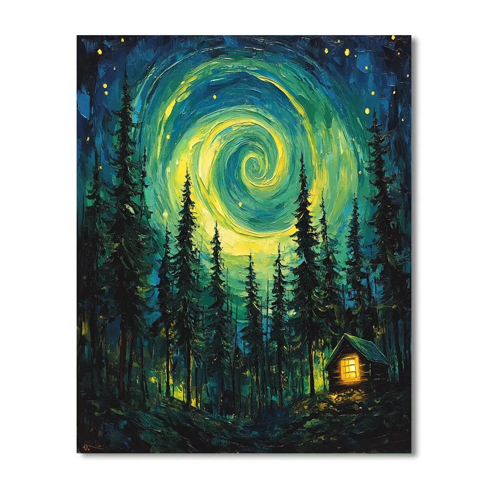 Van Gogh Inspired Aurora Over Pine Forest Number painting