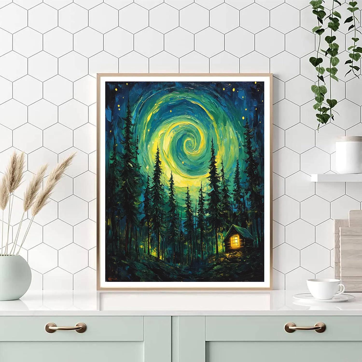 Van Gogh Inspired Aurora Over Pine Forest Number painting