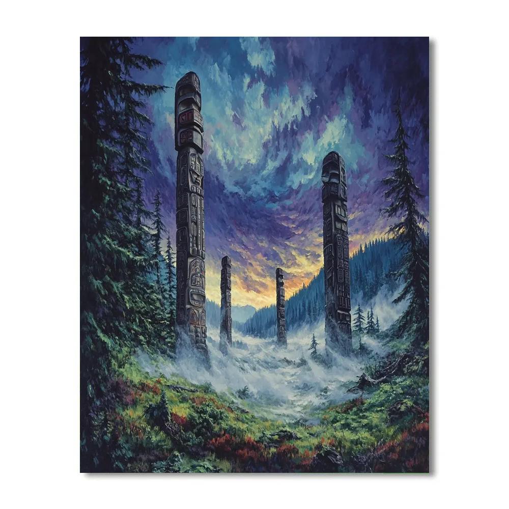 Emily Carr Inspired Stormlit Totem Grove In Coastal Mist Paint by numbers kits
