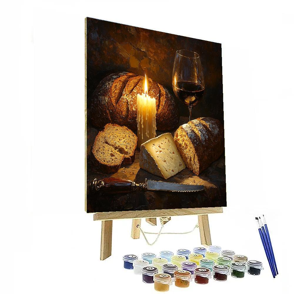 Rembrandt Inspired Candlelit Still Life With Bread And Cheese Numbered painting kits