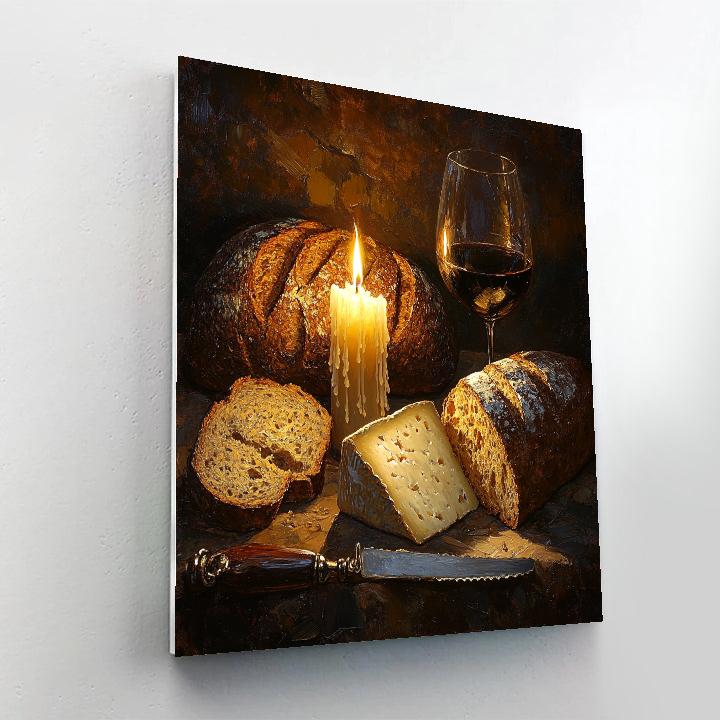 Rembrandt Inspired Candlelit Still Life With Bread And Cheese Numbered painting kits