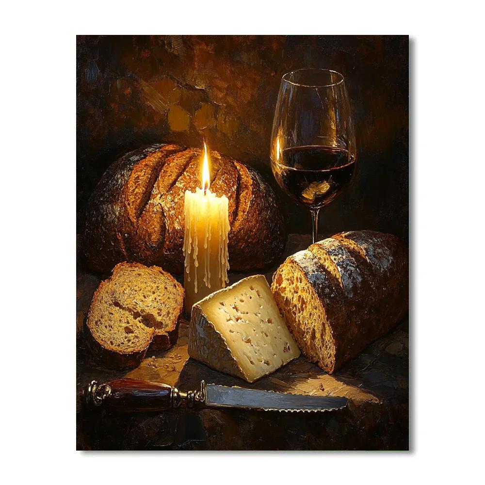 Rembrandt Inspired Candlelit Still Life With Bread And Cheese Numbered painting kits