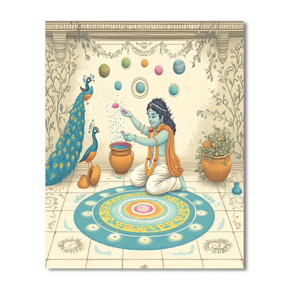 Krishna Paints Rangoli With Floating Planets Number painting