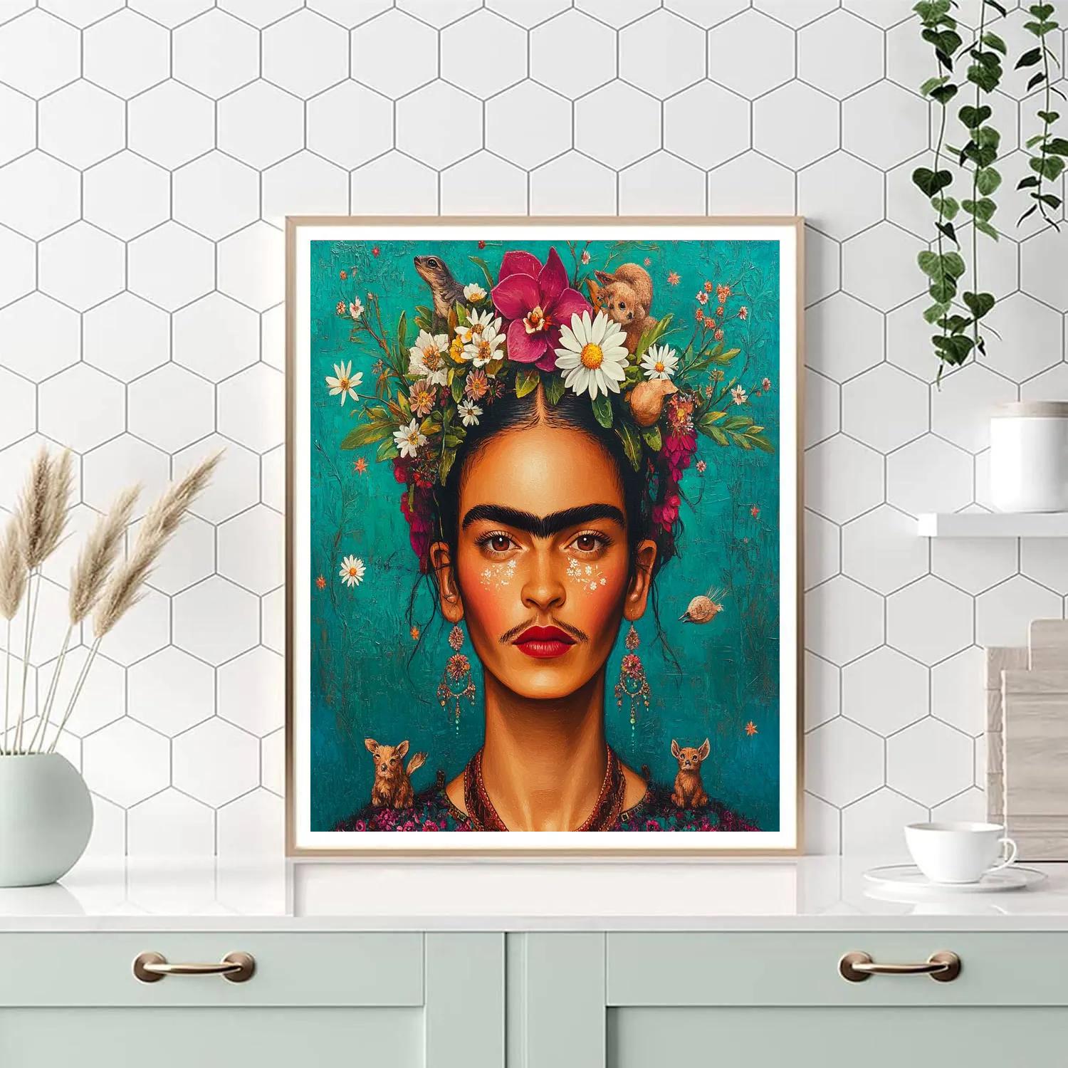 Frida Kahlo Inspired Portrait With Botanical Crown paint by number