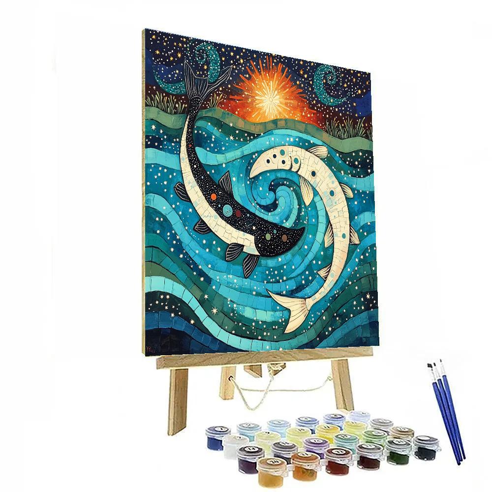 Norval Morrisseau Inspired Salmon Of The River Constellations paint by color