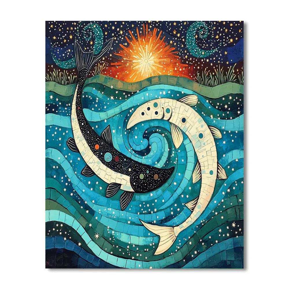 Norval Morrisseau Inspired Salmon Of The River Constellations paint by color
