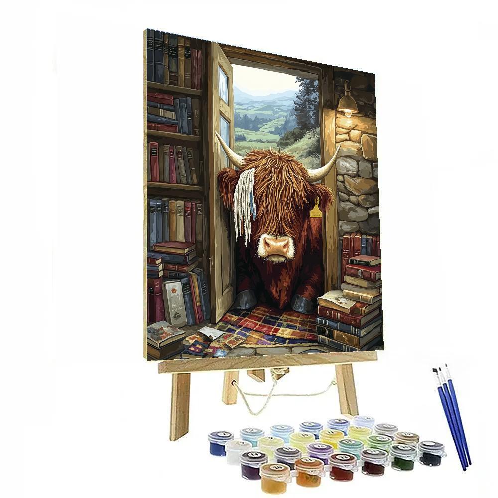 Highland Cow In Bookshop Nook DIY paint by numbers
