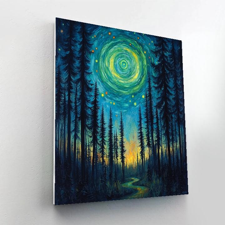 Edvard Munch Inspired Aurora Spiral Over Breathless Pines paint by color