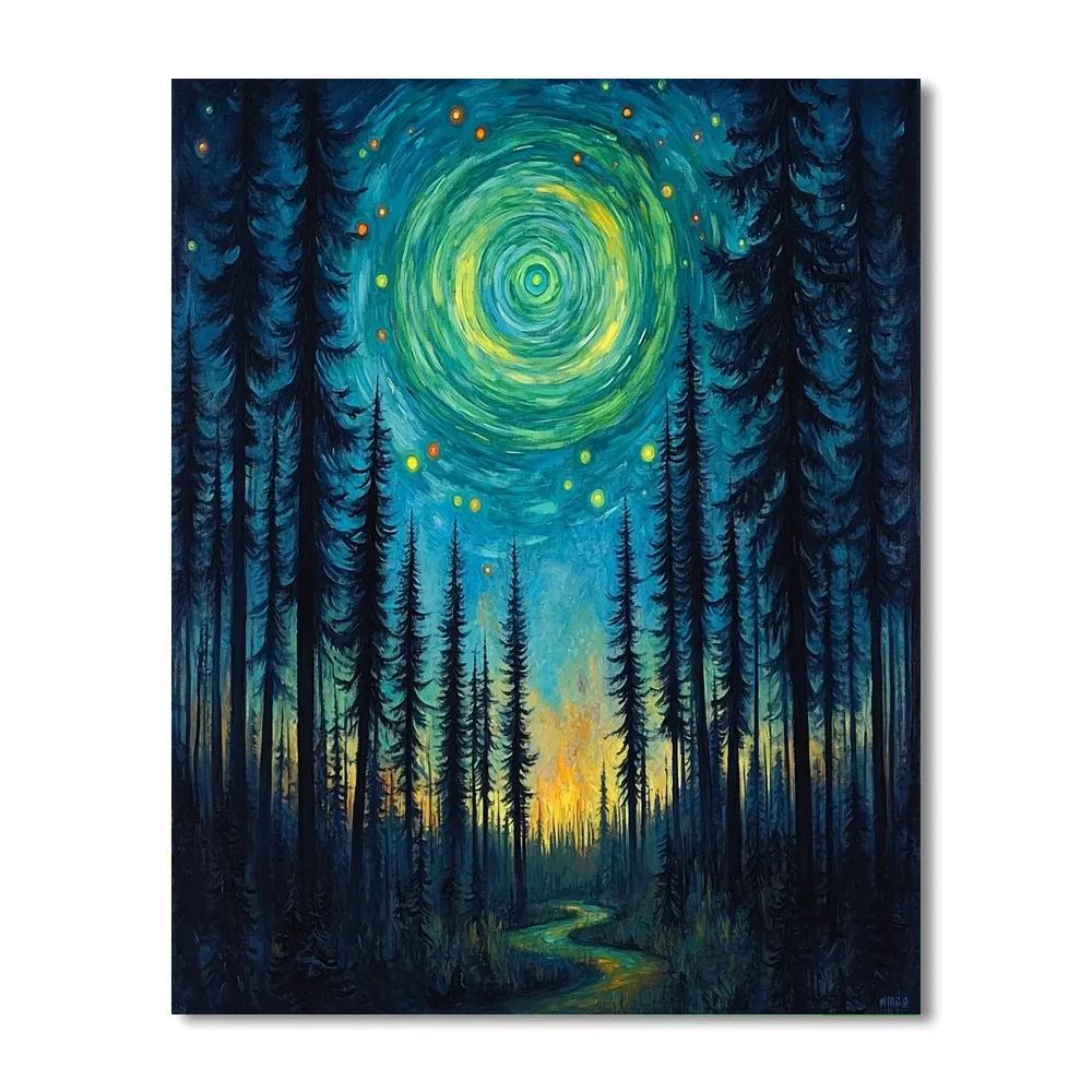 Edvard Munch Inspired Aurora Spiral Over Breathless Pines paint by color