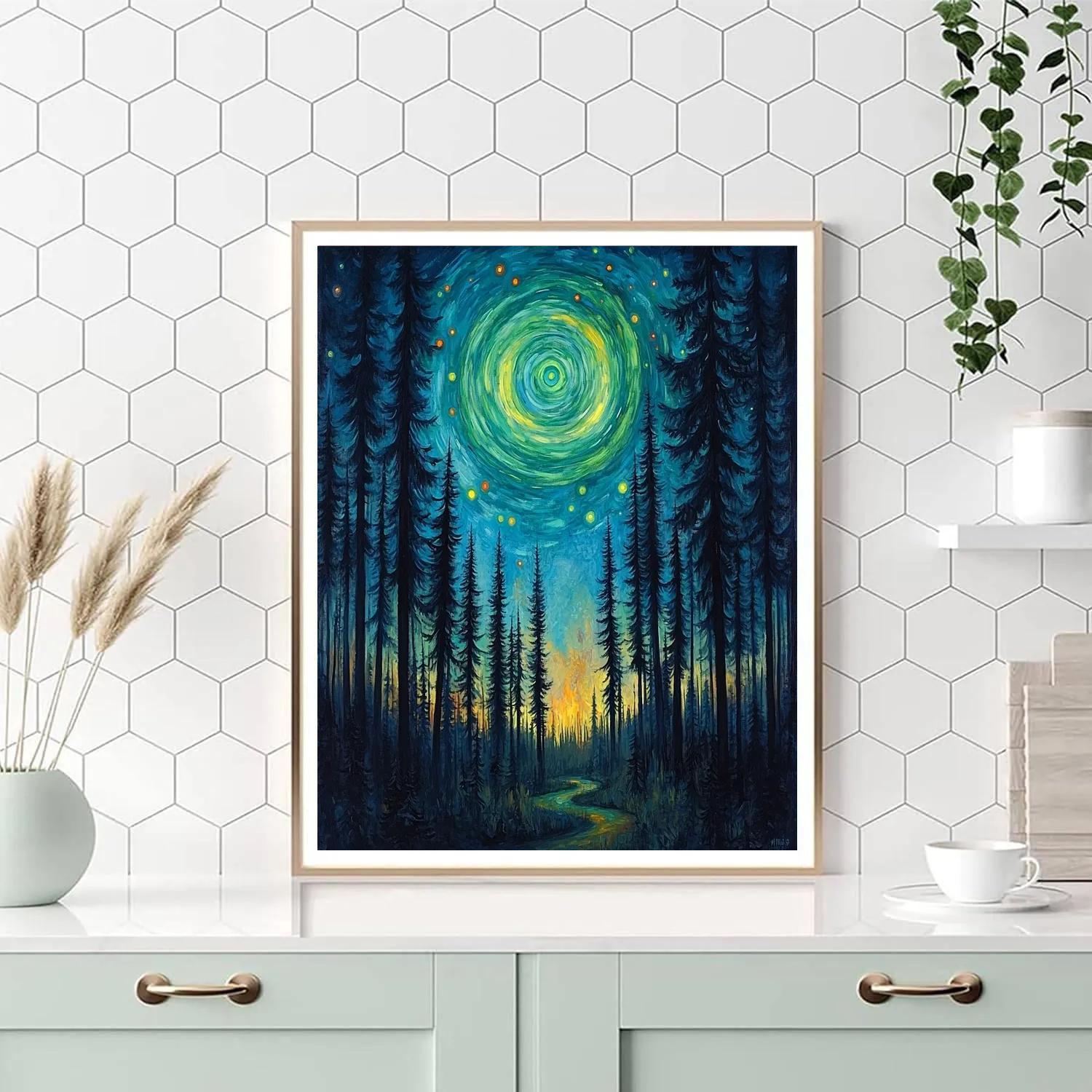 Edvard Munch Inspired Aurora Spiral Over Breathless Pines paint by color