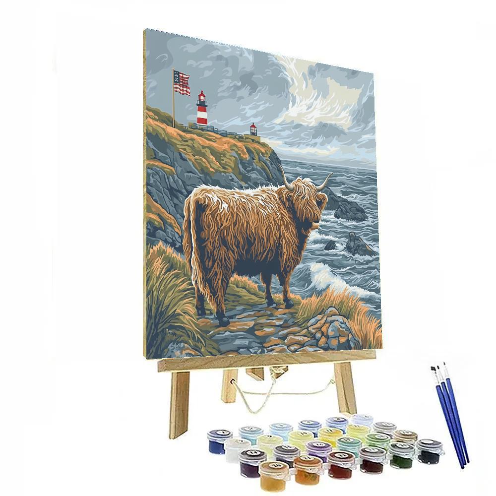 Highland Cow With Lighthouse Mist Number painting