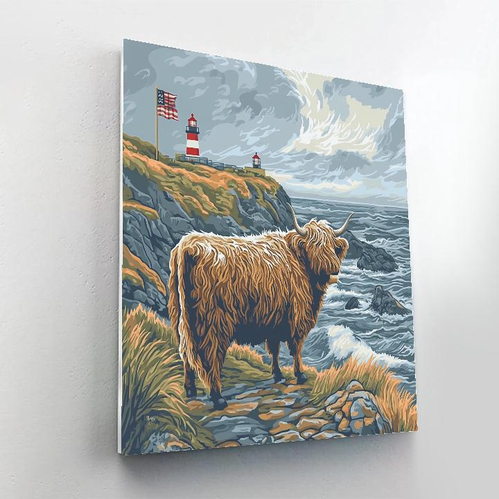 Highland Cow With Lighthouse Mist Number painting
