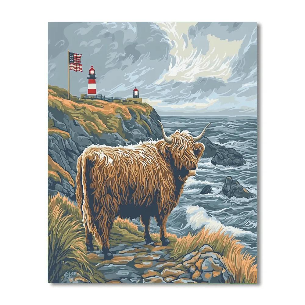 Highland Cow With Lighthouse Mist Number painting