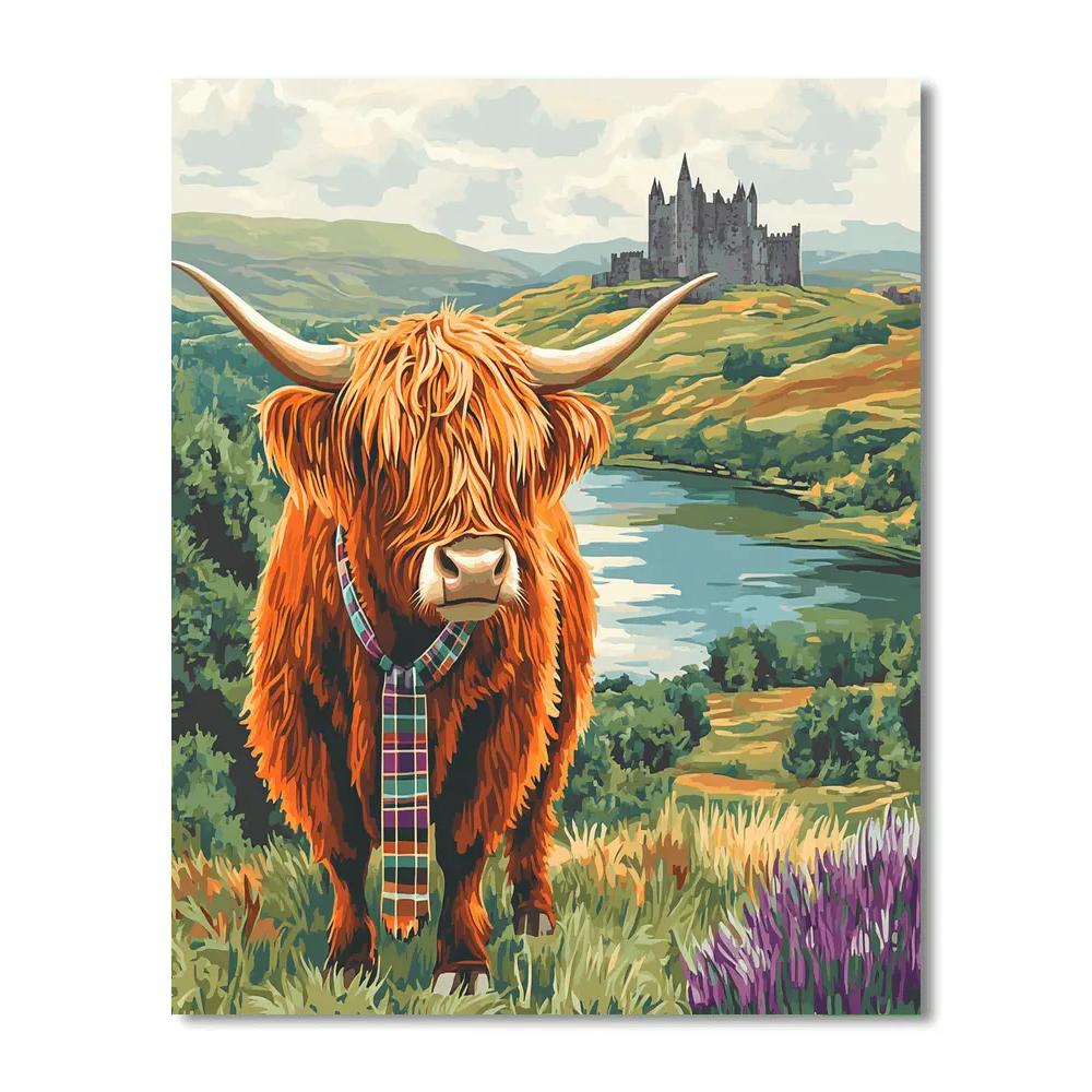 Highland Cow Hilltop Postcard View paint by number