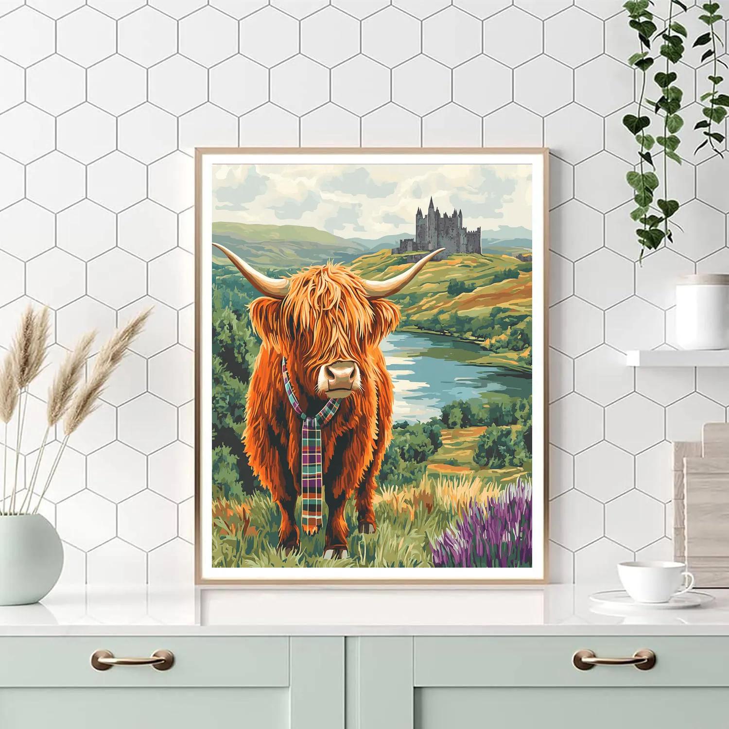 Highland Cow Hilltop Postcard View paint by number