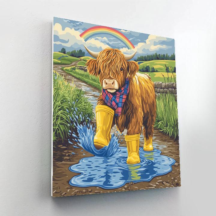 Highland Cow Rainboot Puddle Dance DIY paint by numbers