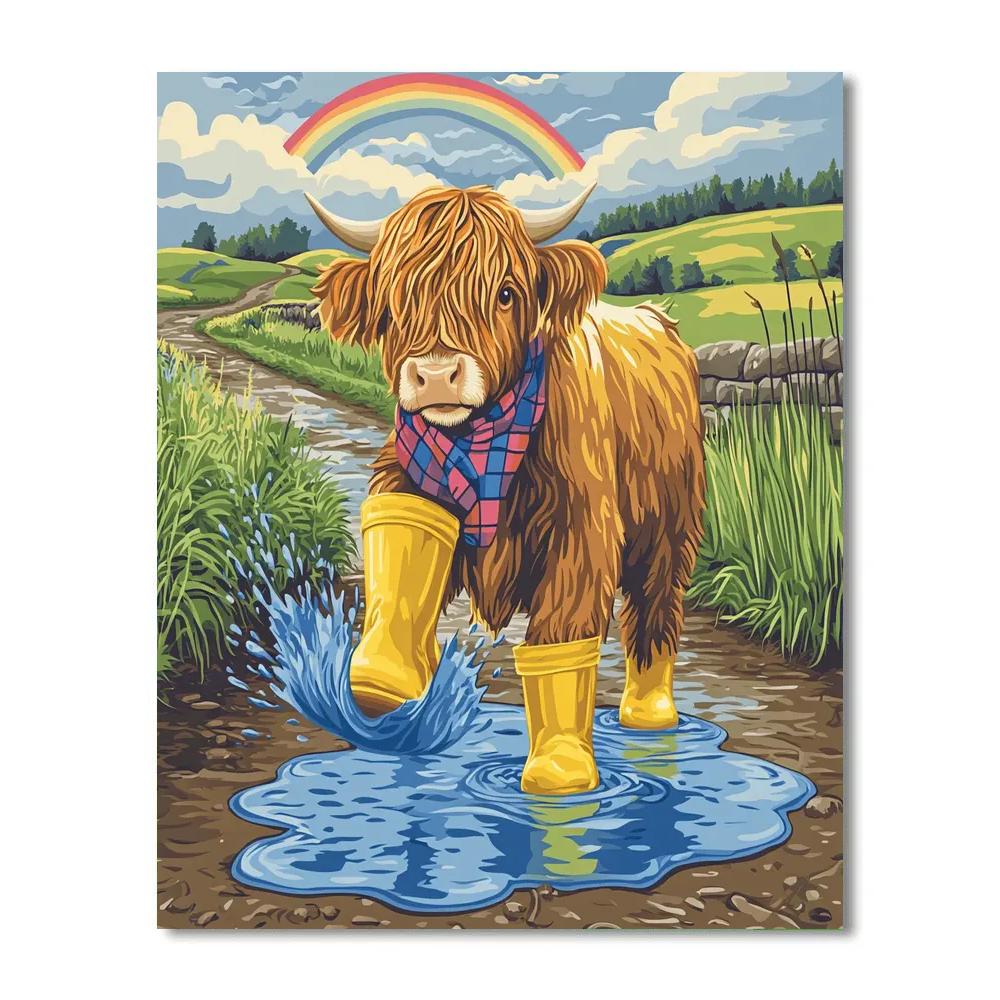 Highland Cow Rainboot Puddle Dance DIY paint by numbers