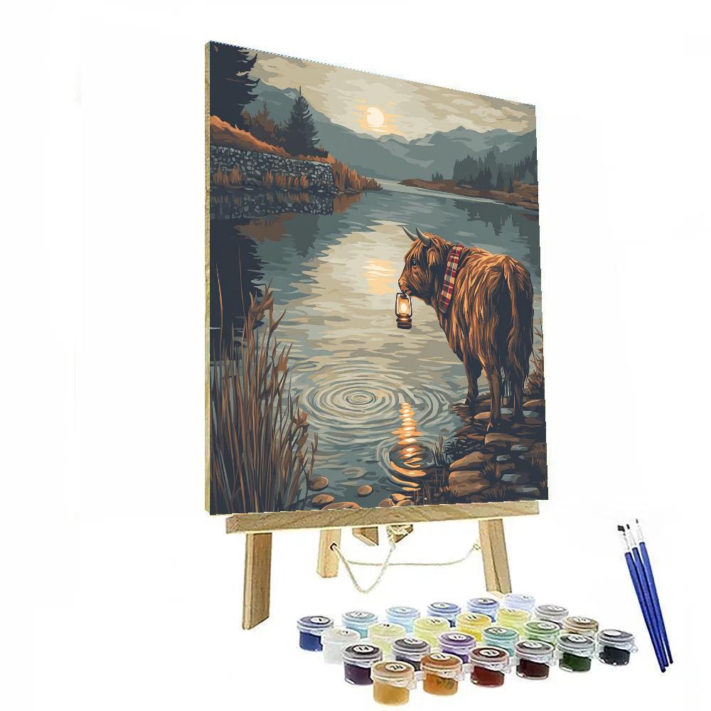 Highland Cow Lochside Lantern Fishing painting number kit
