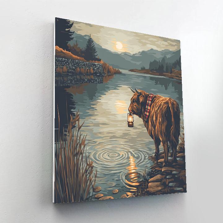 Highland Cow Lochside Lantern Fishing painting number kit