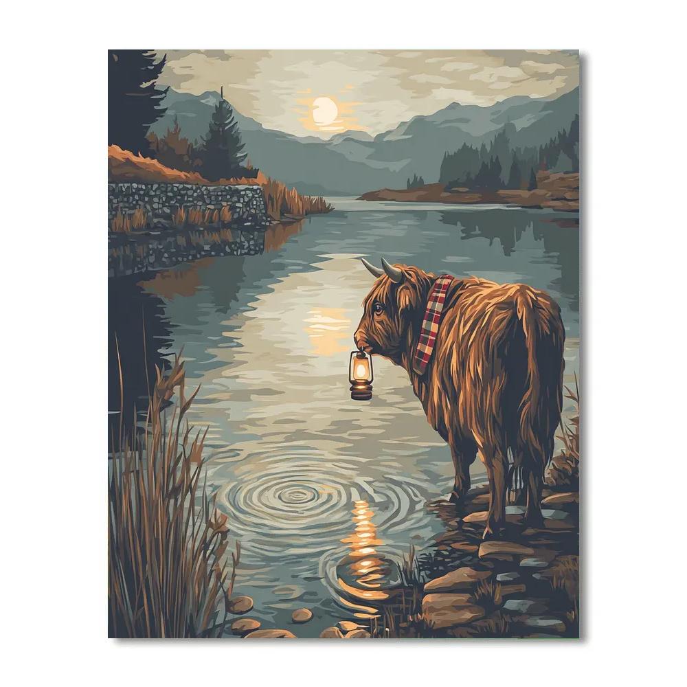 Highland Cow Lochside Lantern Fishing painting number kit