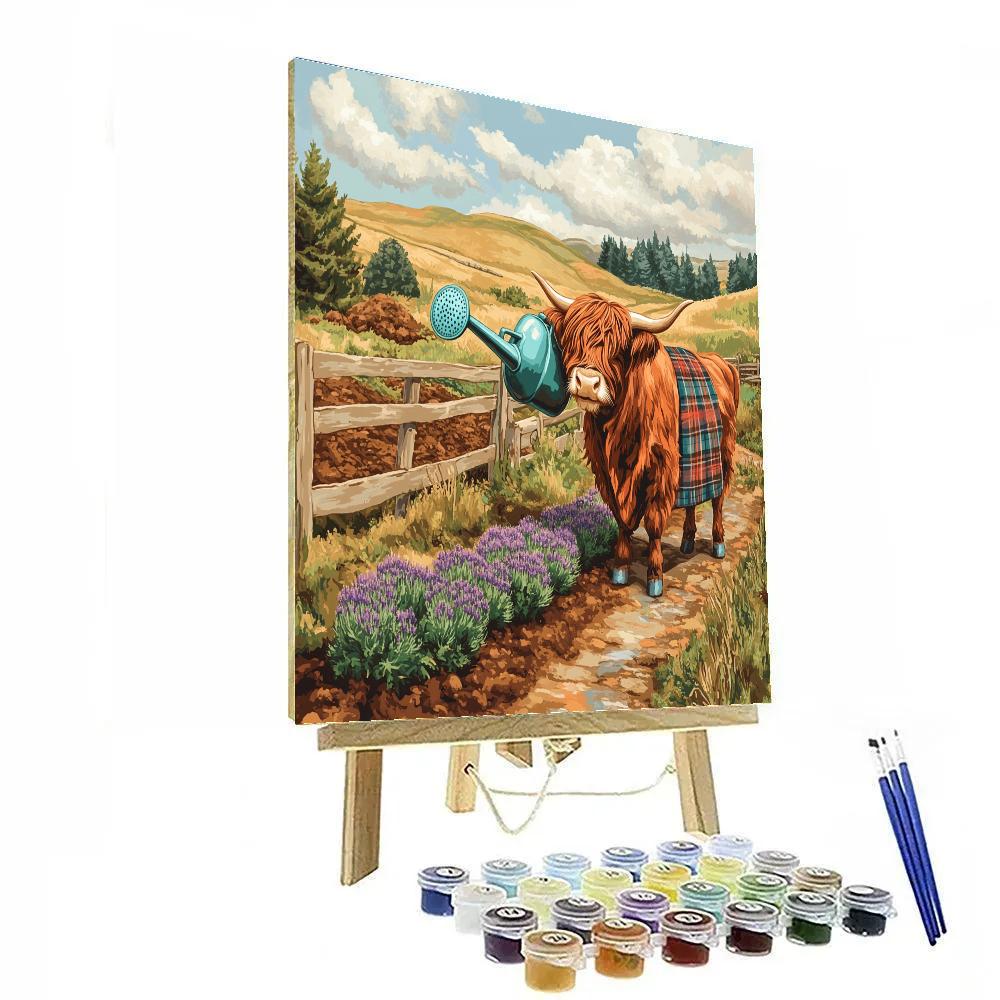 Highland Cow Garden Watering Can painting number kit