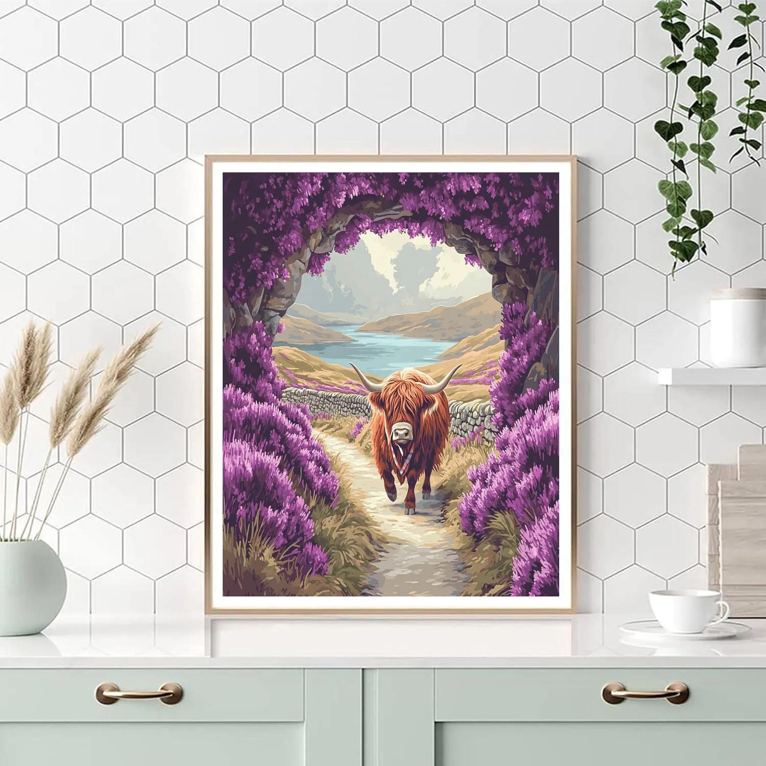 Highland Cow Under Heather Archway Number painting