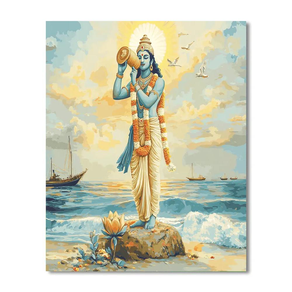 Vishnu Playing The Conch As A Dawn Signal Over The Sea paint by number