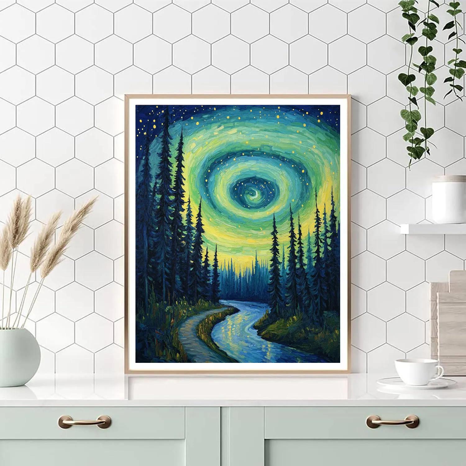 Van Gogh Inspired Aurora Over Pine Forest Painting by numbers kit