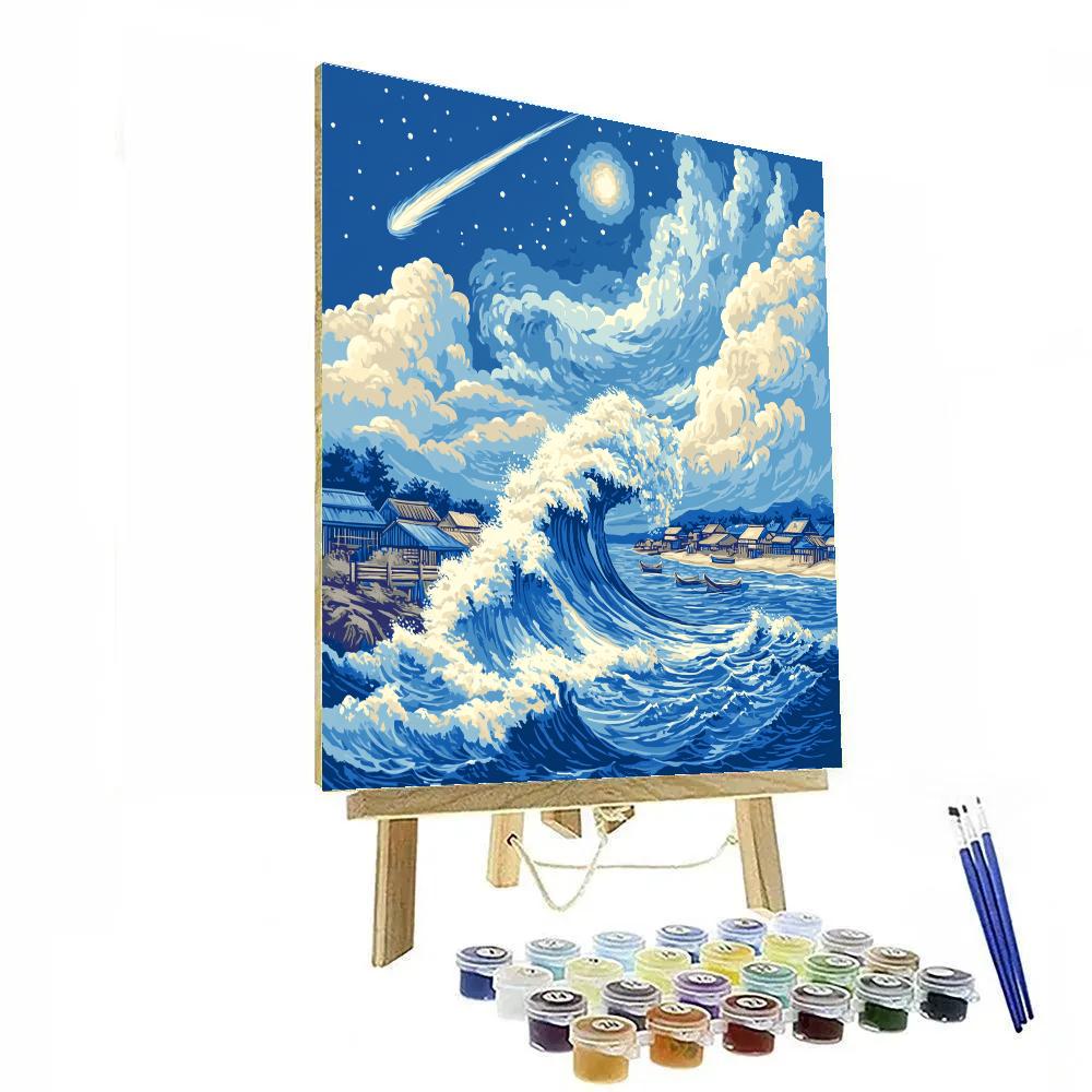 Katsushika Hokusai Inspired Comet Over Coastal Waves Paint by numbers art