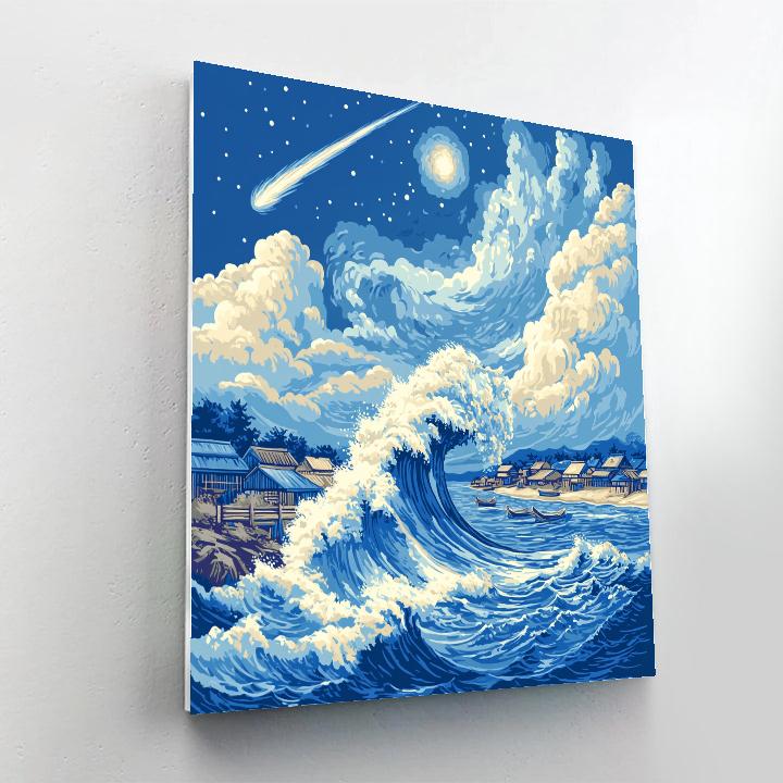 Katsushika Hokusai Inspired Comet Over Coastal Waves Paint by numbers art