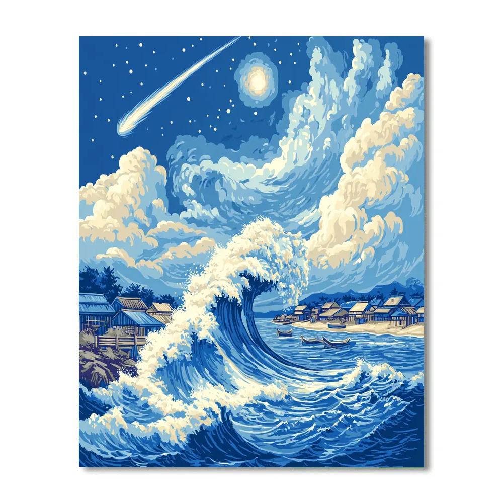Katsushika Hokusai Inspired Comet Over Coastal Waves Paint by numbers art