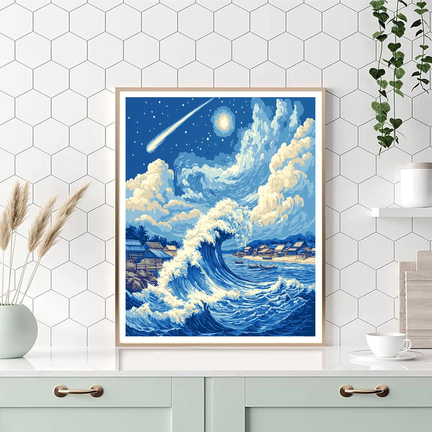 Katsushika Hokusai Inspired Comet Over Coastal Waves Paint by numbers art