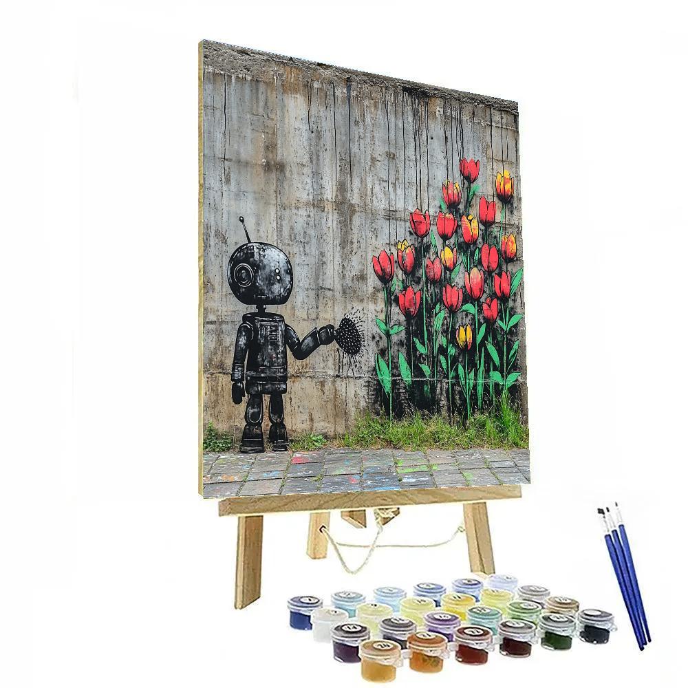Banksy Inspired Street Mural Of Robot Gardener painting number kit