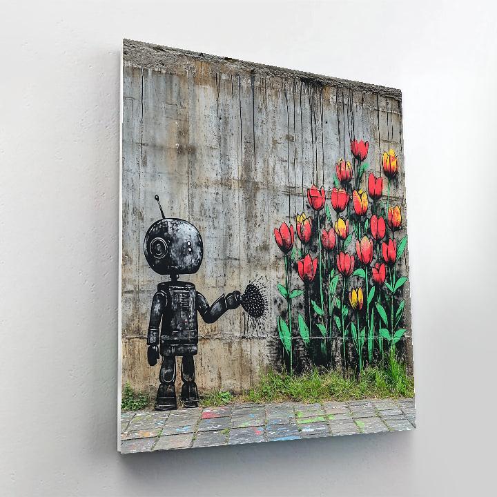 Banksy Inspired Street Mural Of Robot Gardener painting number kit
