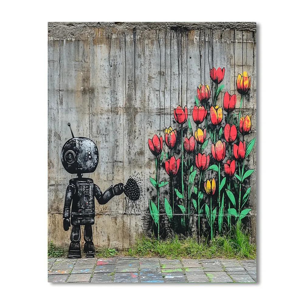 Banksy Inspired Street Mural Of Robot Gardener painting number kit