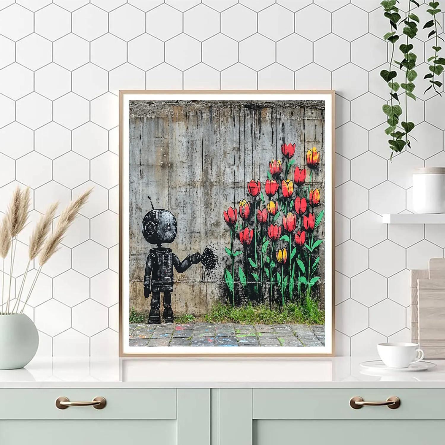 Banksy Inspired Street Mural Of Robot Gardener painting number kit