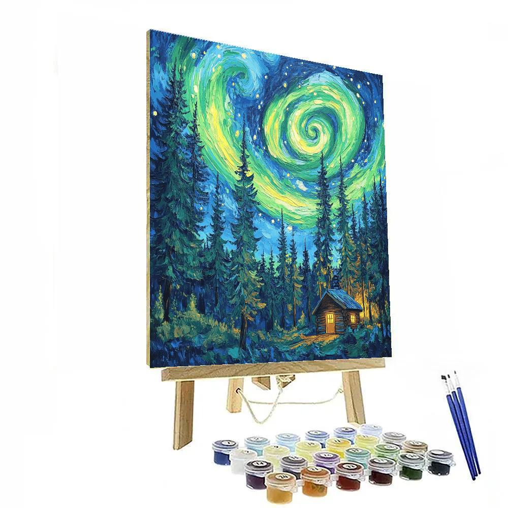 Van Gogh Inspired Aurora Over Pine Forest paint by color