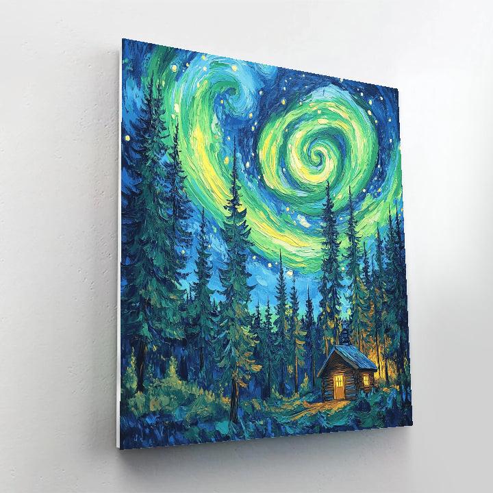 Van Gogh Inspired Aurora Over Pine Forest paint by color