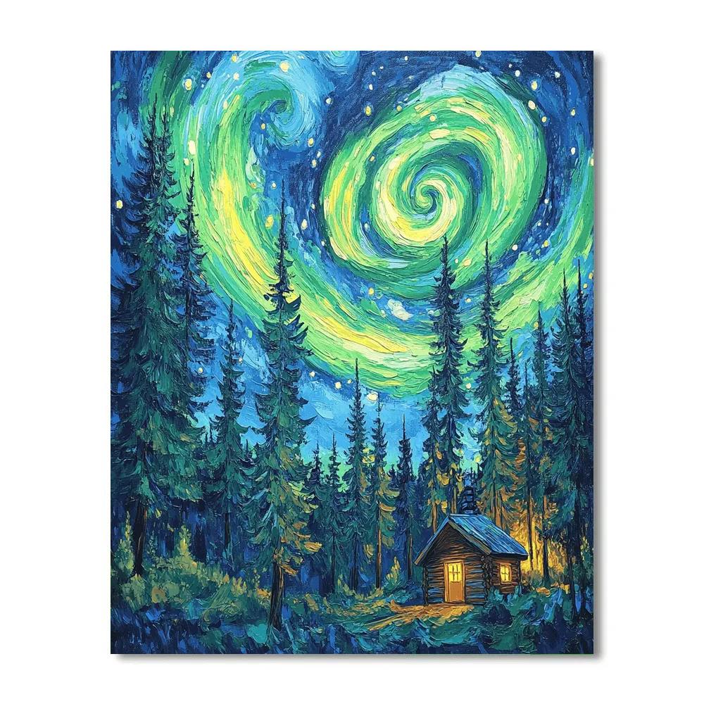 Van Gogh Inspired Aurora Over Pine Forest paint by color